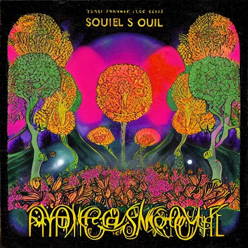 Prompt: a vintage soul album cover of a psychedelic forest surrounded by glowing flowers, symmetrical, black and gold