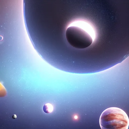 Prompt: an array of planets being swallowed by a black hole, hyper realistic, surreal, unreal engine