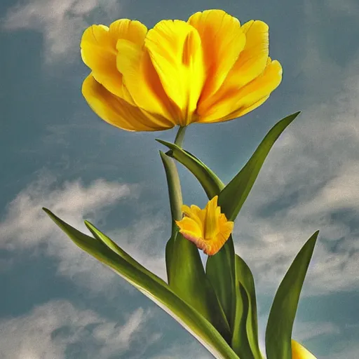 Prompt: yellow tulip frida kahlo condesa plane sky cloud cofee italy