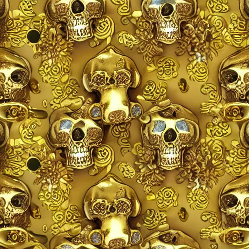 Image similar to many gold skulls with flowers and jewerly, ornate, elegant, intricate, royal, highly detailed, 4 k, hd, digital art