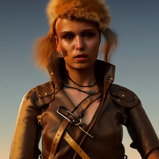 Prompt: beautiful young harpy, leather top, full round face, short smile, golden hour, post apocalyptic setting, medium shot, mid-shot, highly detailed, trending on Artstation, Unreal Engine 4k