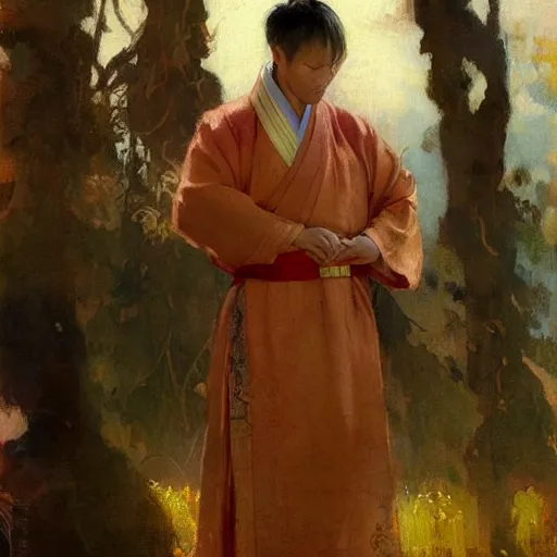 Prompt: a man wearing hanfu, muscular, painting by Gaston Bussiere, Craig Mullins