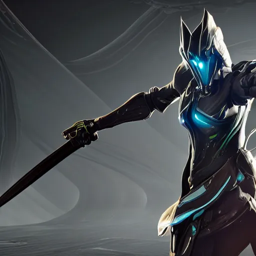 Prompt: photograph of mag!!!!!!!! warframe holding a katana!!!!!!!, 8k resolution, high detail, ULTRA REALISTIC VFX, reflections