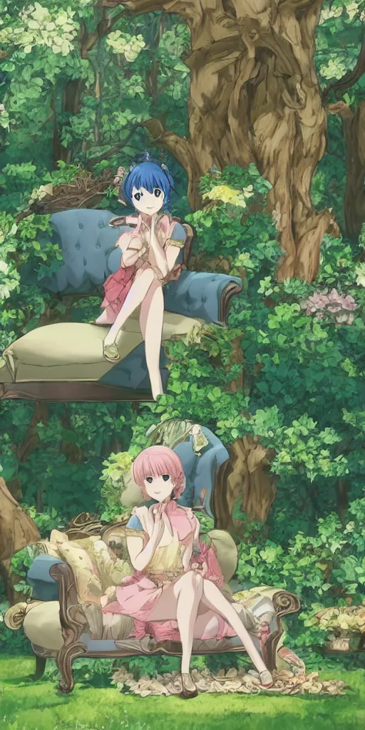 Image similar to a queen of love sitting of a sofa in a forest, drawn by CloverWorks,