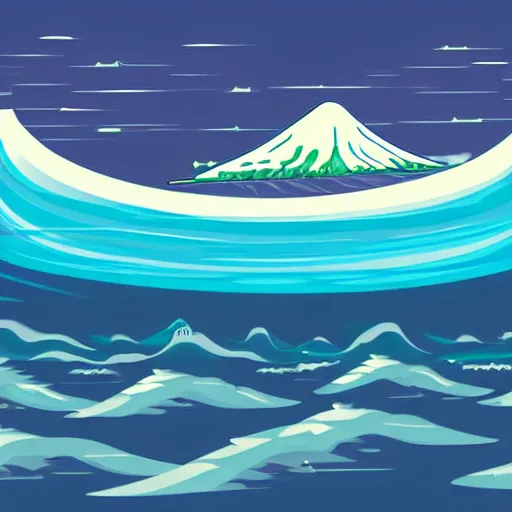 Image similar to giant tsunami wave that is 20 miles high, approaching about to crash into a small coastal town. miniature buildings compared to giant waves are so tall, they seem to touch the sky, large scale image, cartoon color drawing vector illustration, 2d photorealistic flat anime style