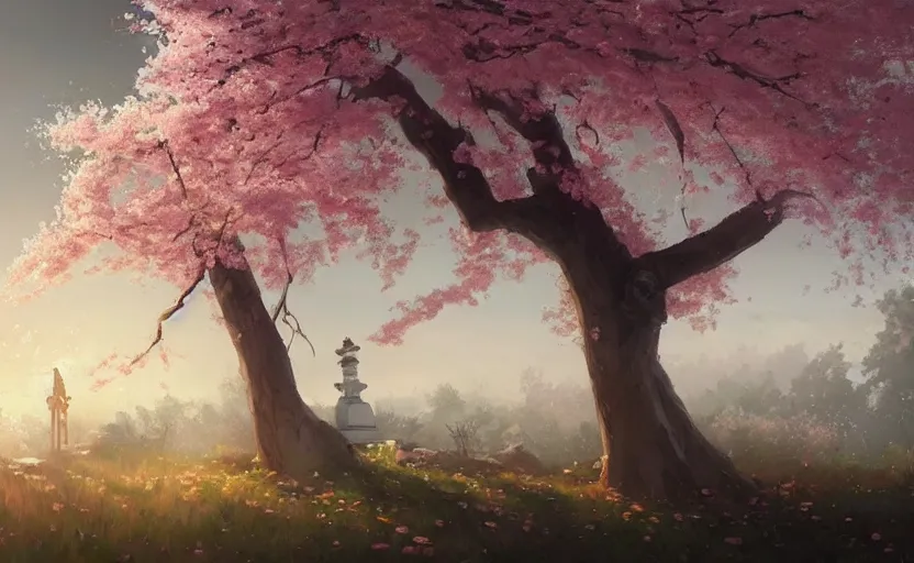 Image similar to A painting of the Grave of cherry blossoms trending on artstation in the style of Greg Rutkowski