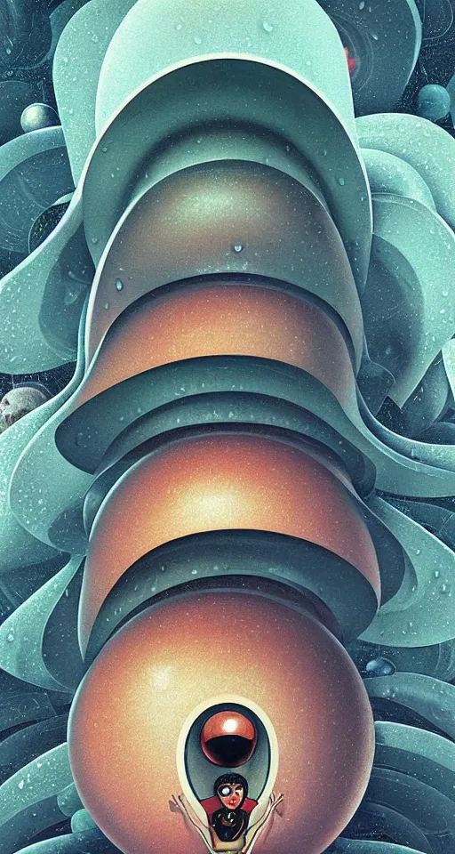 Prompt: art deco close up portait of mushroom head with big mouth surrounded by spheres, rain like a dream digital painting curvalinear clothing cinematic dramatic fluid lines otherworldly vaporwave interesting details epic composition by artgerm anton pieck