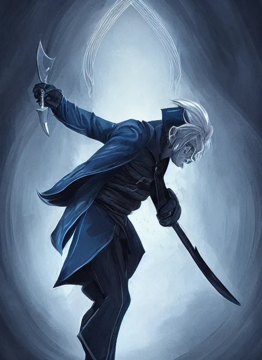 Prompt: a highly detailed illustration of short slick back white haired man wearing dark blue coat, dramatic wielding sword pose, intricate, elegant, highly detailed, centered, digital painting, artstation, concept art, smooth, sharp focus, league of legends concept art, wlop