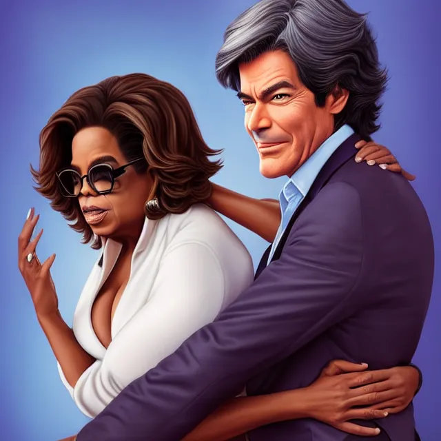 Prompt: oprah putting dr. oz in a headlock by artgerm, trending on artstation. no text, no logo