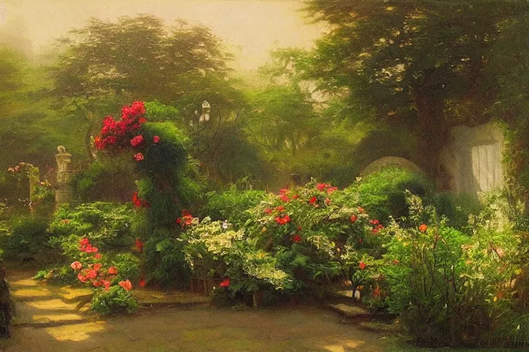 Image similar to secret garden, lush, floral, botanical, romanticism, dreamy, atmospheric, summery, hudson river school