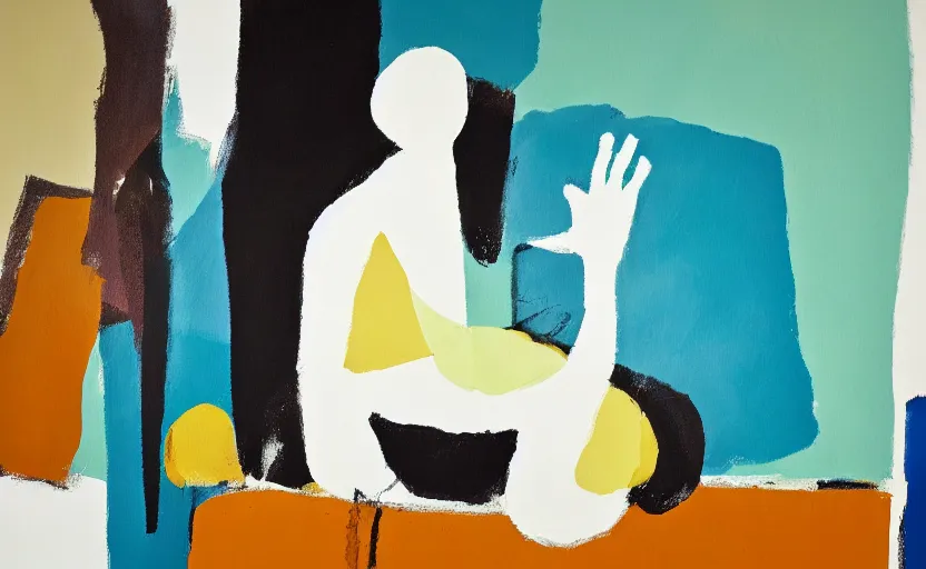 Prompt: minimal painting of seated figure with big hands. in the style of ivon hitchins and john craxton. still life on a table. studio lighting. large hands drawing on painting, brush marks. holding