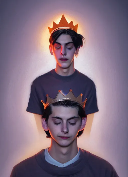 Image similar to portrait of teenage jughead jones wearing a light grey crown, crown, hamburger background, eyes closed, crown, black hair, orange, intricate, elegant, glowing lights, warm lighting, highly detailed, digital painting, artstation, concept art, smooth, sharp focus, illustration, art by wlop, mars ravelo and greg rutkowski