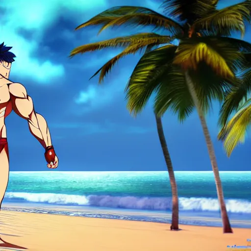 Prompt: Muscular Handsome Anime man on the beach in his boxers, cinematic lightning, medium shot, mid-shot, highly detailed, trending on artstation, Unreal Engine 4k,