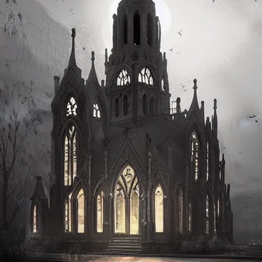 Prompt: victorian church in the middle of the city, dark, misty, at night, 8 k, detailed, concept art, trending on artstation