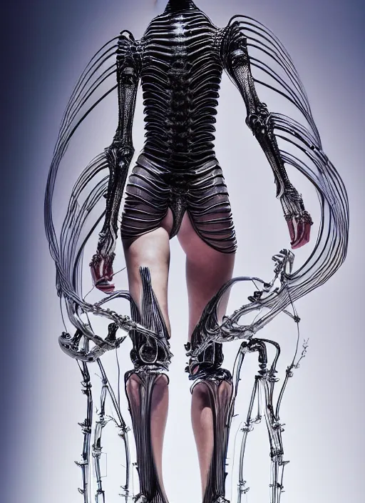 Image similar to walking down the catwalk, show, stage, vogue photo, podium, fashion show photo, iris van herpen, beautiful woman, full body shot, masterpiece, inflateble shapes, alien, giger, plant predator, guyver, jellyfish, wires, veins, white biomechanical details, wearing epic bionic cyborg implants, highly detailed