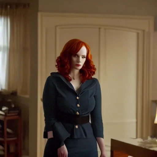 Image similar to amazing beautiful Christina Hendricks with an amazed look on her face in the living room, film still from the movie directed by Denis Villeneuve , wide lens