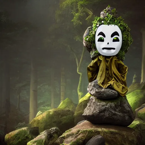 Prompt: faceless kaonashi sits on a rock, shady forest, cartoony but elaborate and detailed style, high quality, 3 d render, high detail, fantasy costume, foreground focus