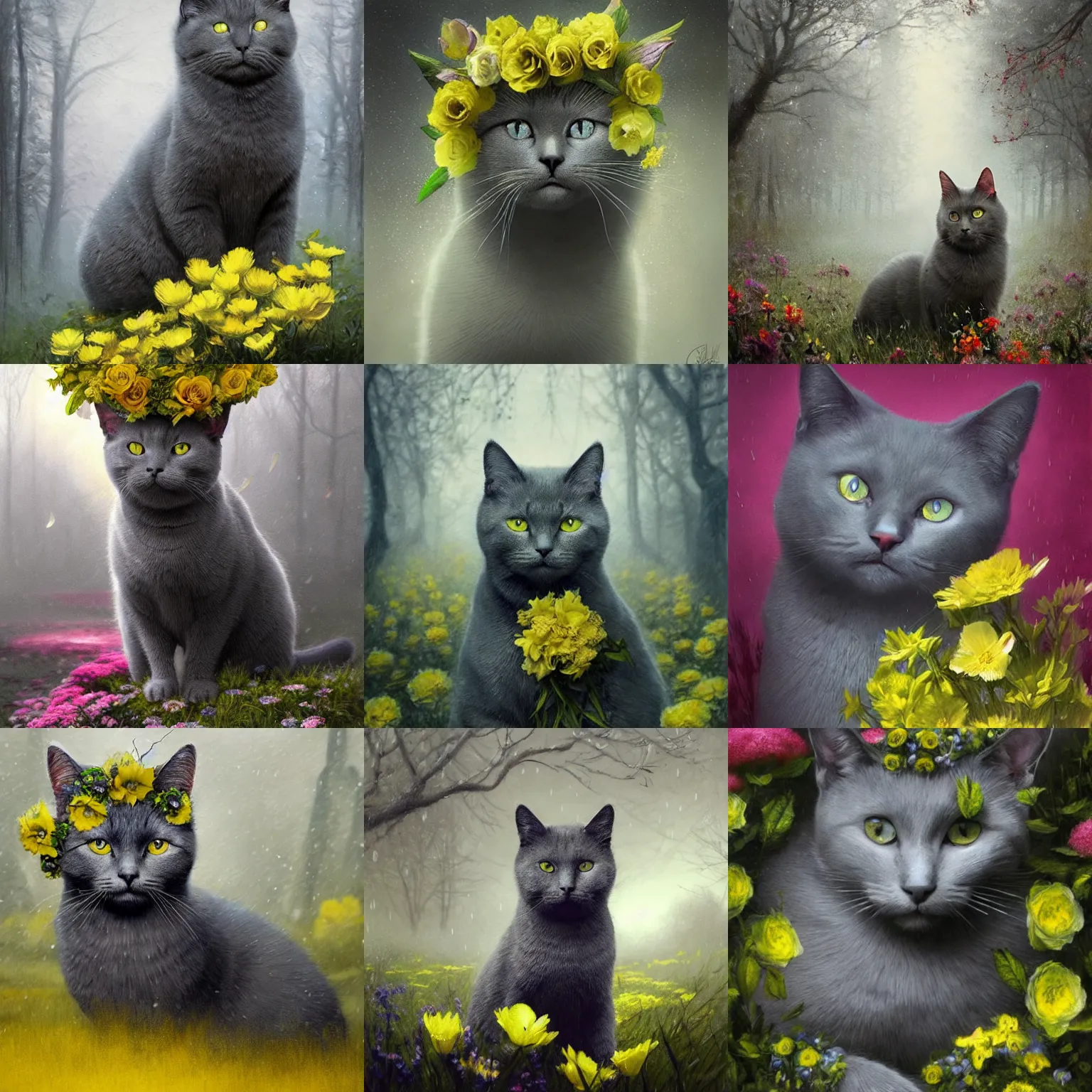 Prompt: a beautiful chartreux cat with flowers around its head!!!, rainy, dreamlike art, mist, realistic shaded, fine details, 4 k realistic, cryengine, realistic shaded lighting poster by greg rutkowski, magali villeneuve, artgerm, jeremy lipkin and michael garmash and rob rey