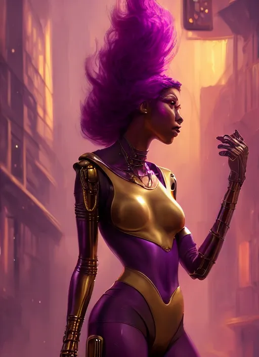 Prompt: young woman : : purple - gold streets cyberpunk : : weta disney pixar movie still photo : : decadent highly - detailed digital painting, heroic pose, full length shot, golden ratio, octane render, artstation, smooth, sharp focus, artgerm, mucha, loish, wlop, gogo