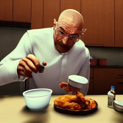 Image similar to Walter white eating chicken in a kitchen, award winning, trending on artstation, unreal engine