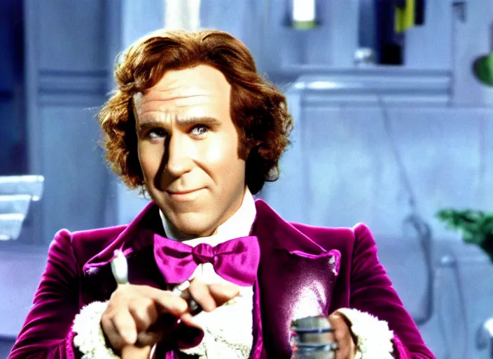 Image similar to film still of Will Farrel as Willy Wonka in Willy Wonka and the Chocolate Factory 1971