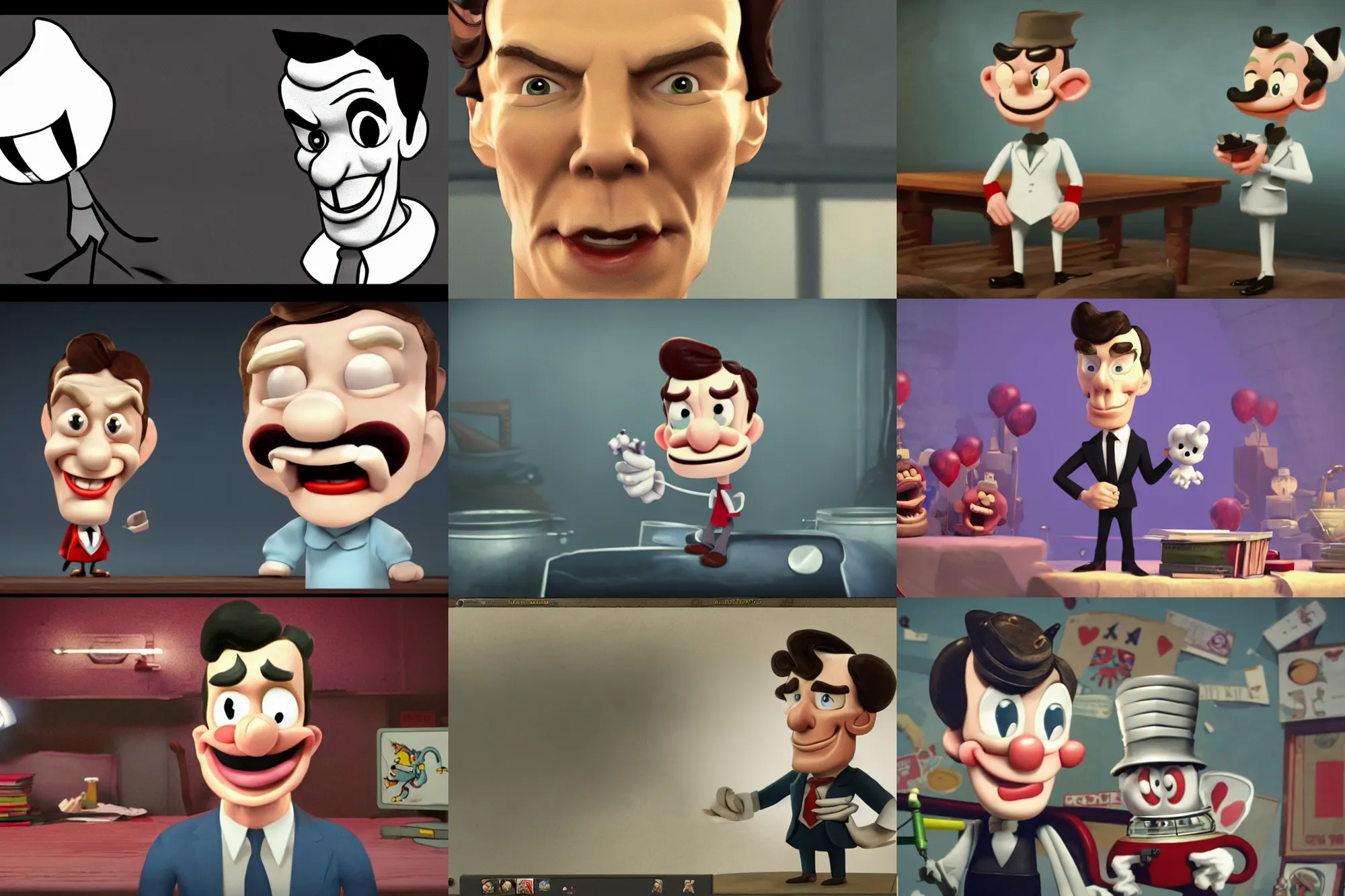 Prompt: a screenshot of benedict cumberbatch in the video game cuphead. 3 d rendering. unreal engine. amazing likeness. very detailed. cartoon caricature.