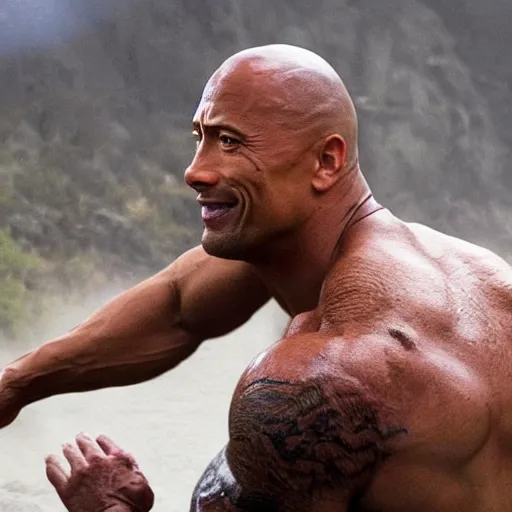 Prompt: photo of dwayne johnson being thrown off the back of a buffalo