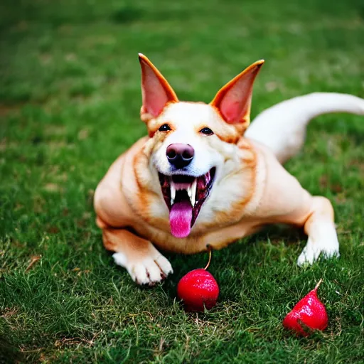 Image similar to dog biting fruit