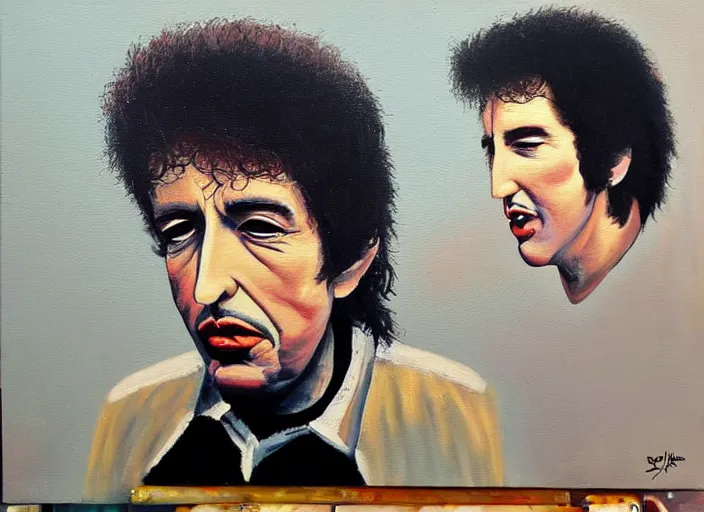 Image similar to “an oil painting of bob dylan doing an impression of Elvis”