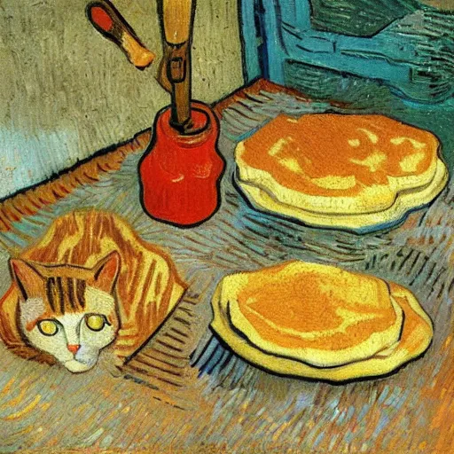 Image similar to cats making pancakes, oil painting, by vincent van gogh