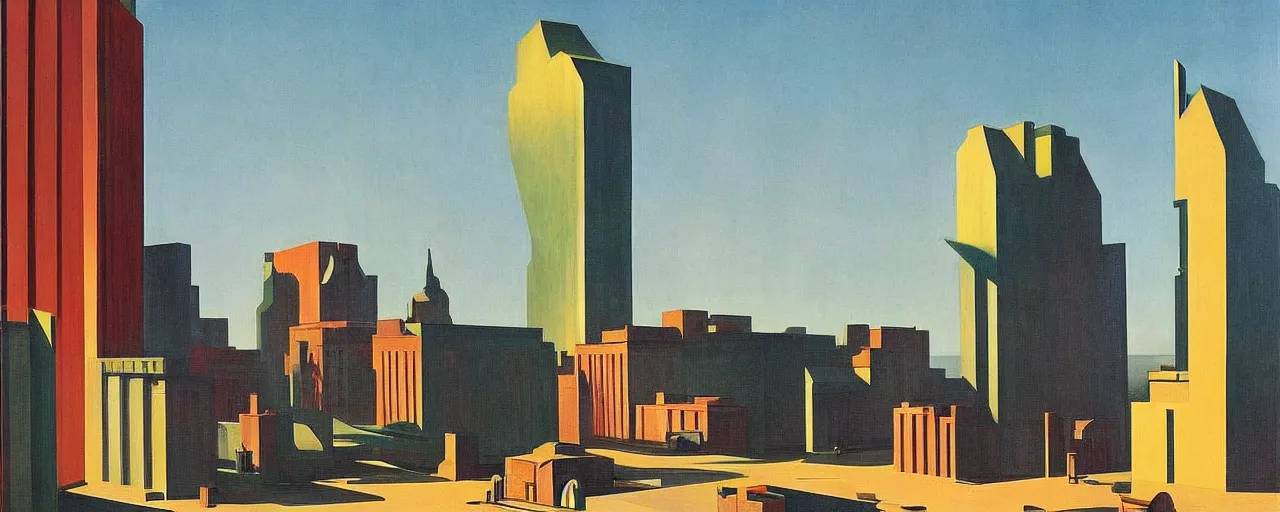 Prompt: hotel in a futuristic city, dada, edward hopper, rene magritte, highly detailed