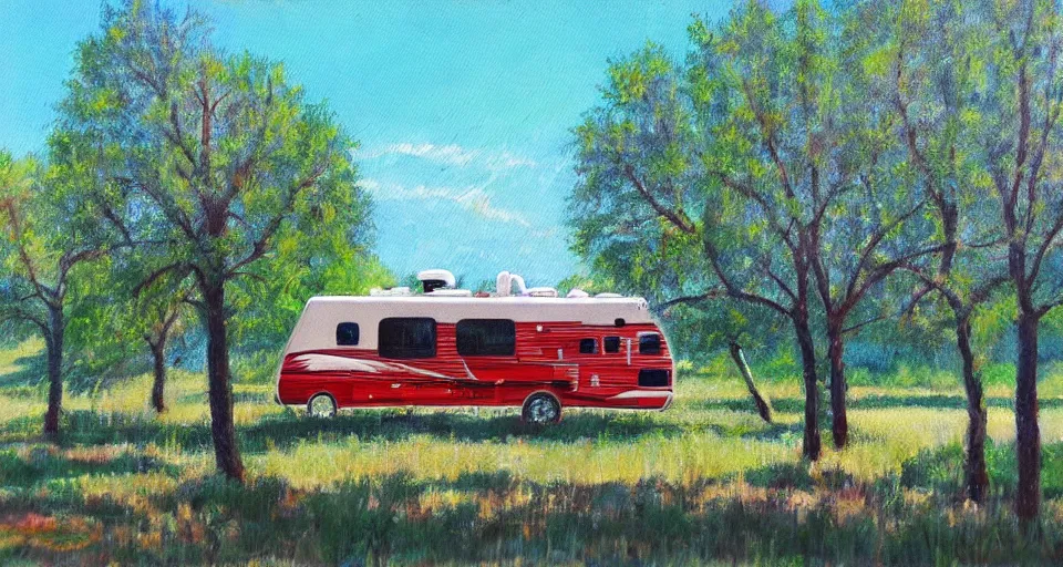 Image similar to an rv under a cottonwood tree, beautiful painting, oil on canvas, by ewa czarniecka, award winning masterpiece,