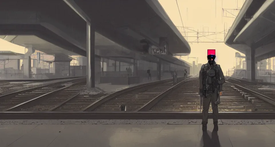 Prompt: a solider waiting for a train at a train station, cyberpunk art by tomer hanuka, cgsociety, photorealism, matte drawing, digital illustration, digital painting