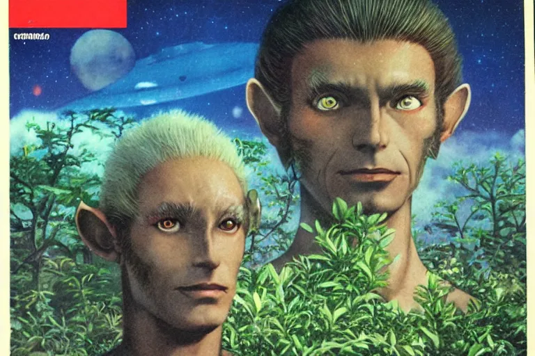 Image similar to 1 9 7 9 omni magazine cover of a nature druid elf at a garden park in neo - tokyo in the clouds of jupiter, in cyberpunk style, by vincent di fate