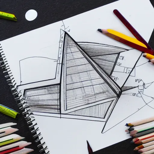 Image similar to schematic drawing of futuristic building with pencils and triangle ruler lying next to the drawing