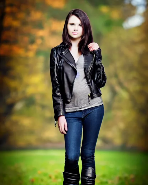 Image similar to young woman in her 20s, she wears a leather jacket and boots, full body shot, taken by a nikon, very detailed face