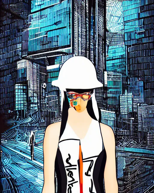 Image similar to cypherpunk fashion illustration, camera face, city street background with high tall buildings, abstract portrait highly detailed, finely detailed