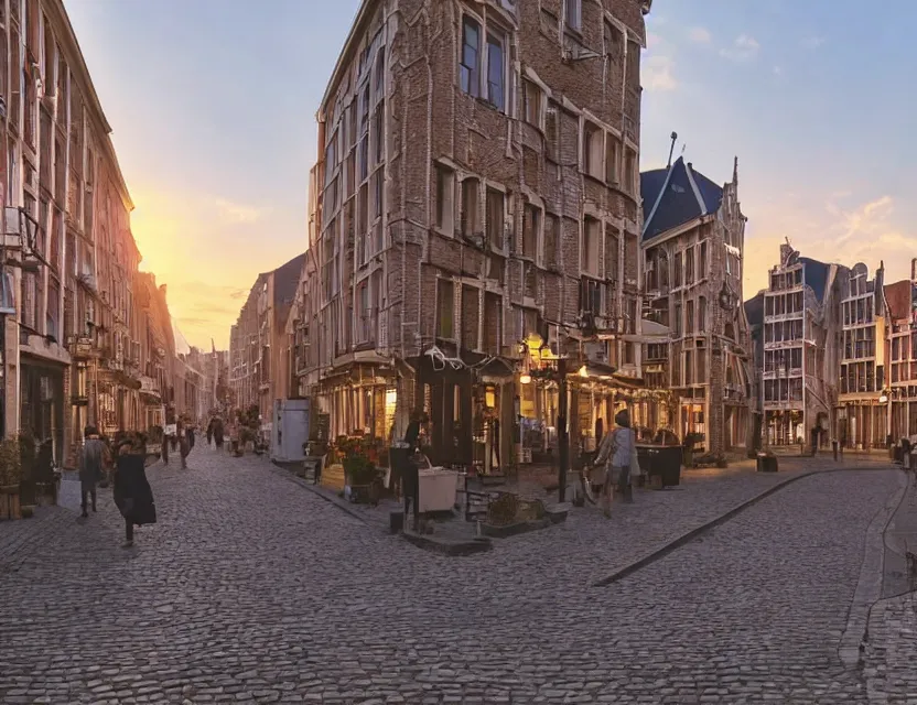 Prompt: street view of gent belgium at sunset, peaceful and serene, incredible perspective, soft lighting, anime scenery by makoto shinkai and studio ghibli, very detailed