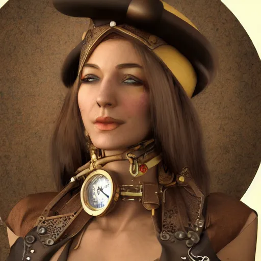 Image similar to a steampunk woman, long hair, aged 4 0, wearing a steampunk hat made of junk, photo realistic, real life, octane render, trending on artstation