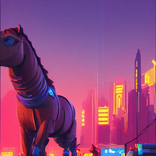 Prompt: a graph style gauche impasto horses, cyberpunk art by james gilleard, city depth of field, cgsociety, retrofuturism, synthwave, retrowave, outrun, high detail.