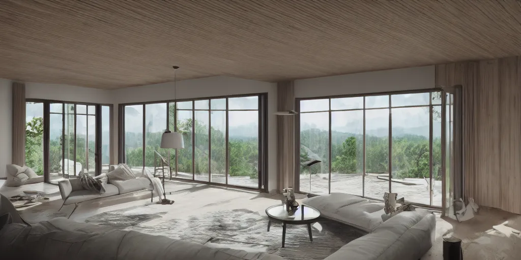 Image similar to architecture render of interior of a beautiful modern home, large windows with a beautiful view of a forest, realistic, hd, 8 k, digital rendering, unreal engine, blender, octane, maya