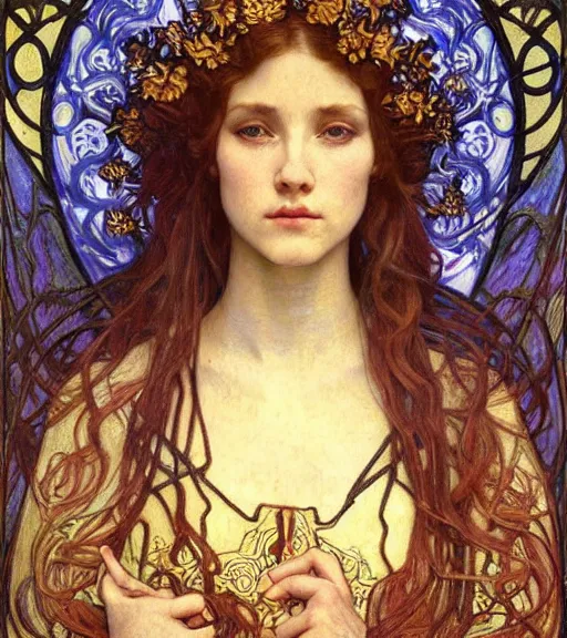 Image similar to detailed realistic beautiful young medieval queen face portrait by jean delville, alphonse mucha, vincent van gogh, and marco mazzoni, art nouveau, symbolist, visionary, gothic, pre - raphaelite