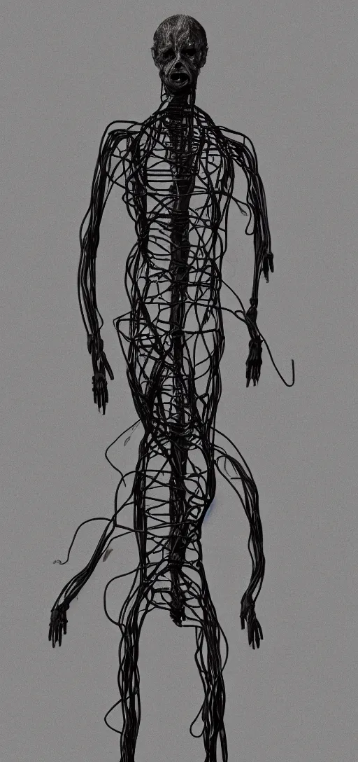 Image similar to human figure consumed by wires and machinery, scary, body horror, human bodies, disturbing, weird, creepy, 4K