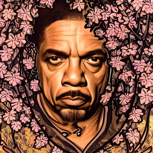 Prompt: ice - t portrait, frosted, alfons mucha, golden hour, realistic, body shot, sharp focus, 8 k high definition, insanely detailed, intricate, elegant, cherry blossoms