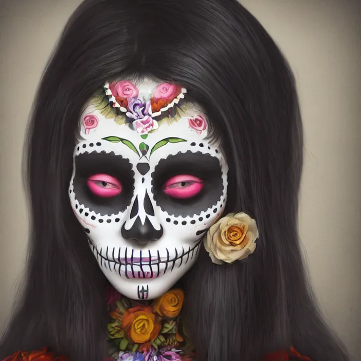 Image similar to a smiling girl with long black hair, her face slightly painted as dia de los muertos, by alozuniga. with the style of arcane ( 2 0 2 1 ). digital draw, digital art, trending on instagram, digital painting. octane render, unreal engine, beautiful lips.