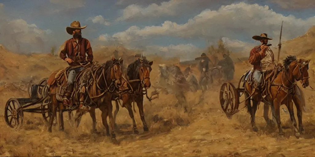 Image similar to oil painting portrait of warrior-cowboy pushing a wagon in an old west mountain town, in the style of Fredrick Remington