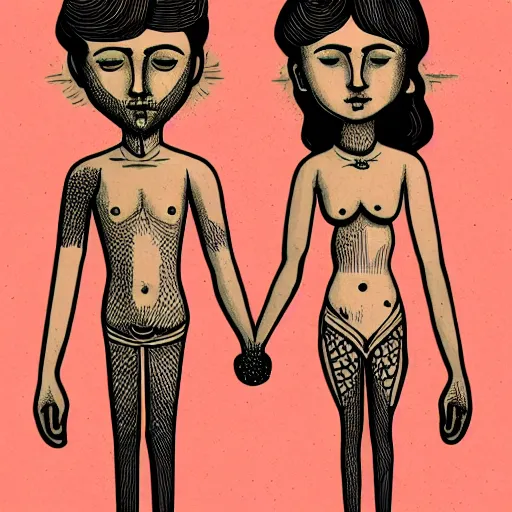 Image similar to perfectly centered symmetrical split male and female portrait of man and woman in love sharing one heart. illustration, highly detailed, simple, no jagged lines, smooth, artstation, wacom artwork by ravi zupa