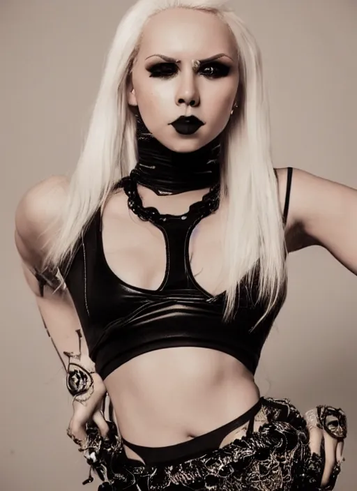 Prompt: kerli koiv in mini skirt and crop top tank top, platform boots, beautiful face, intricate, extremely detailed, modeling photography, 8 0 mm camera, dramatic lighting, dark room, body and face, rule of 3 rds, well proportioned