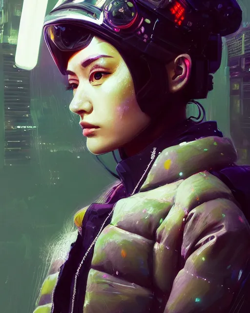 Image similar to detailed side profile portrait Neon Operator Girl, cyberpunk futuristic neon, reflective puffy coat, decorated with traditional Japanese ornaments by Ismail inceoglu dragan bibin hans thoma greg rutkowski Alexandros Pyromallis Nekro Rene Maritte Illustrated, Perfect face, fine details, realistic shaded, fine-face, pretty face