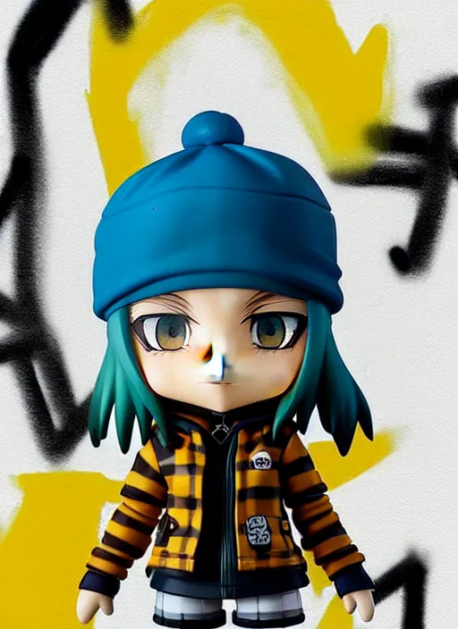 Image similar to nendoroid of a sewer punk lady student, beanie, tartan hoodie, blue eyes, frosty white hair by atey ghailan, by greg rutkowski, by greg tocchini, by james gilleard, by joe fenton, by kaethe butcher, gradient, yellow, black, brown and cyan color scheme, grunge aesthetic!!! white graffiti tag wall background